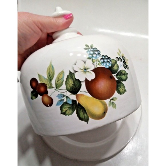 Vintage Cheese Butter Dish Domed Serving White Ceramic Fruits Florals - Picture 4 of 9